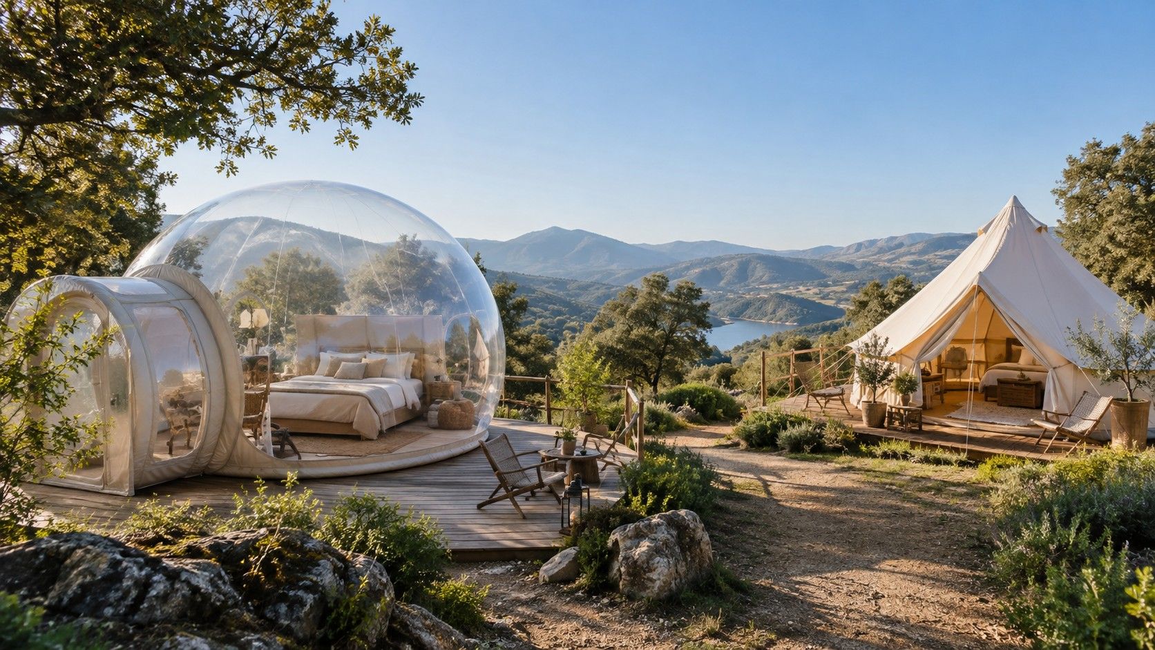 Burbuja transparente y tienda de glamping entre árboles